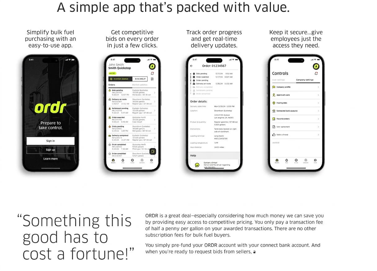 ORDR app screens: splash, orders list, order tracking, and controls